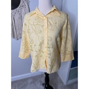Vtg Butter Yellow Butterfly Shimmer Lightweight 3/4 Sleeve Button-up Top 8P
